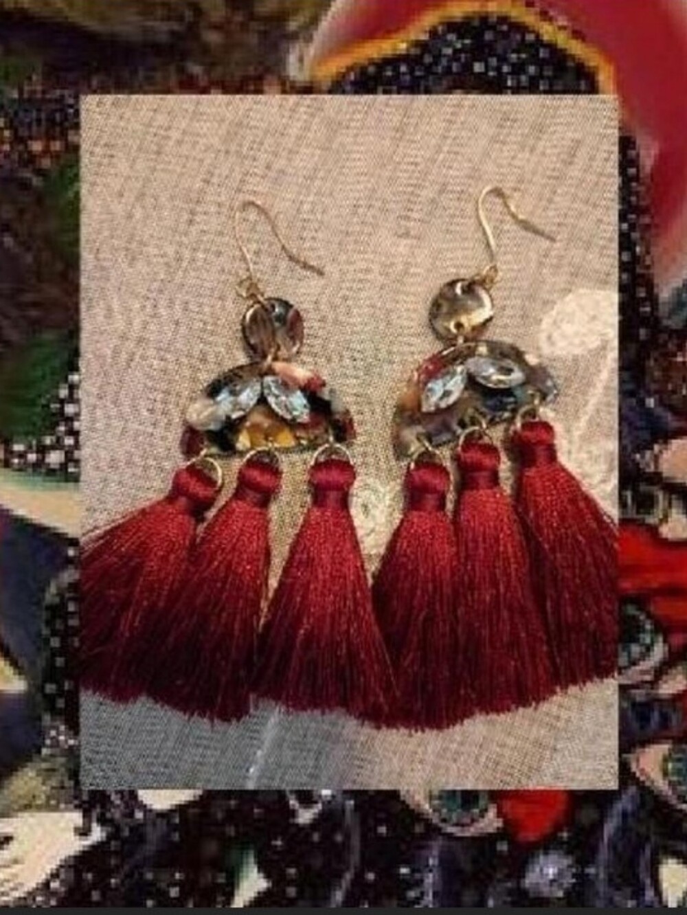Boho Style gold-toned tassel earrings W/ marbled acrylic and rhinestone accents
